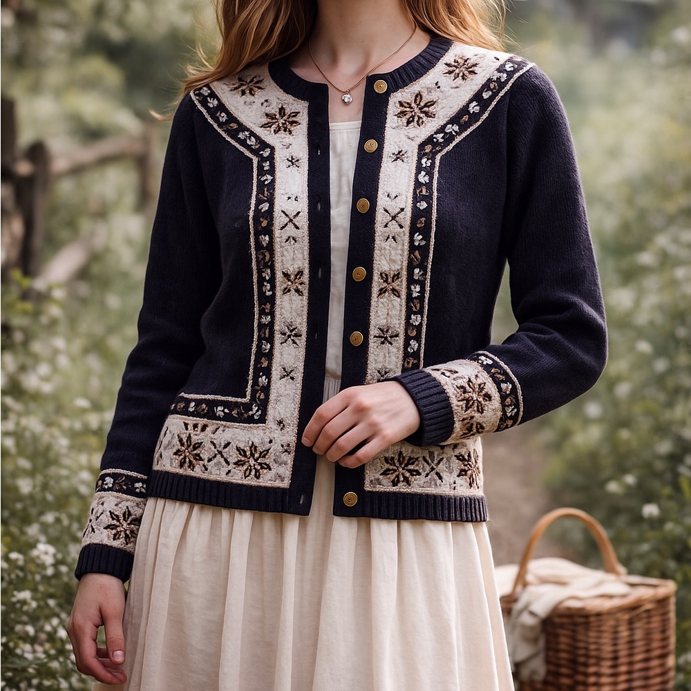 Dressbarn Vintage Embroidered Cardigan Sweater M- Nordic Floral Beaded Button Up
